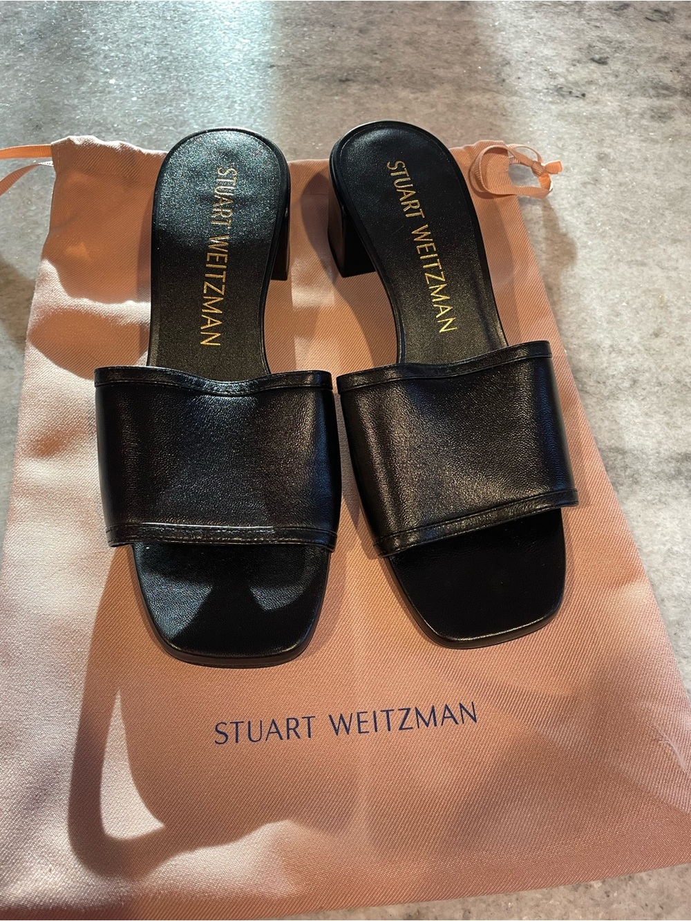 Stuart Weitzman Black Leather Slide Mules